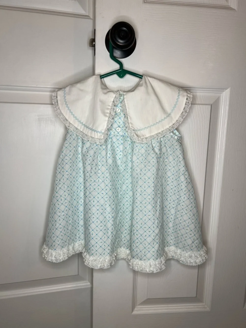 VTG Handmade Baby Toddler Dres Peter Pan Collar Ruffle Accent Blue White 12-18M?